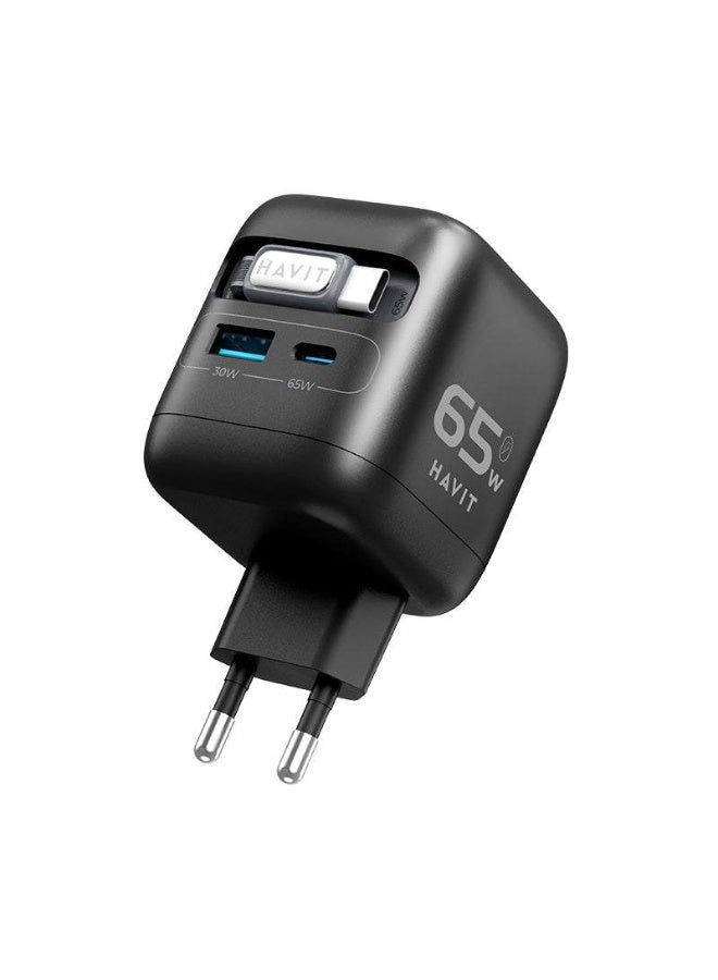 هافيت شاحن HAVIT UC252 GaN بقوة 65 وات – 3 في 1 مع كابل Type-C قابل للسحب وشاحن ساعة ذكية | شحن سريع PD لأجهزة iPhone وSamsung وMacBook - Image 1